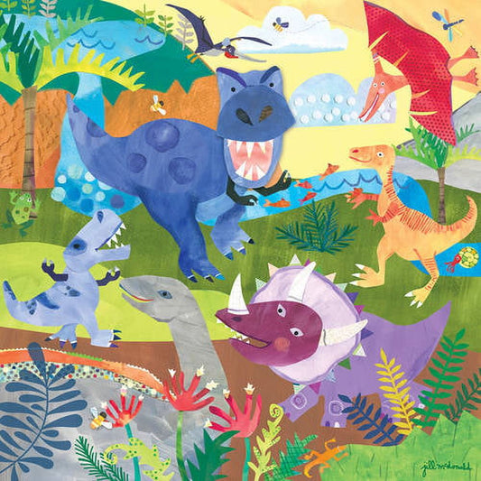 Colorful illustrated scene with multiple dinosaurs in a jungle setting, including a blue T-Rex, orange long-necked dinosaur, purple triceratops, and gray saurop