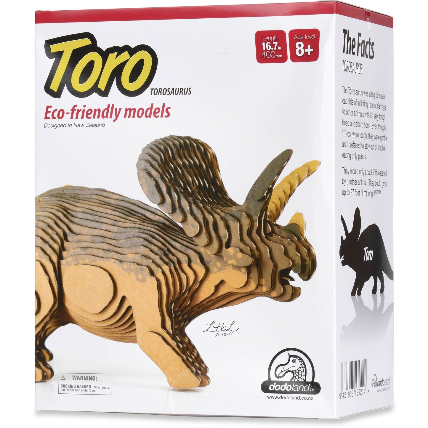 Toro Torosaurus eco-friendly wooden dinosaur model, 16.7 inches long, age 8+, designed in New Zealand by Dodoland