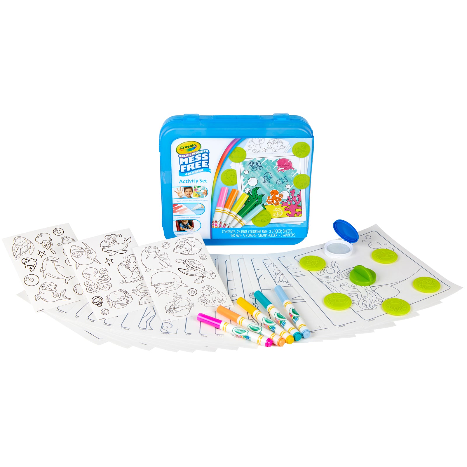 Crayola Color Wonder Ocean Adventure Activity Set with blue storage container, coloring pages, markers, and paint palette applicators