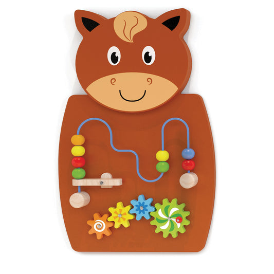 Brown horse-shaped activity wall panel with bead mazes, spinning gears, and interactive elements for toddler learning