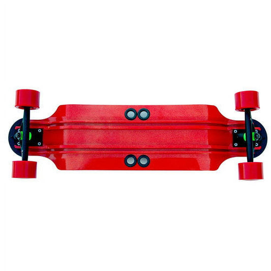 Red Beercan Boards 32" skateboard deck viewed from above, showing black grip tape stripes, green wheel hubs, and red wheels on plain white background