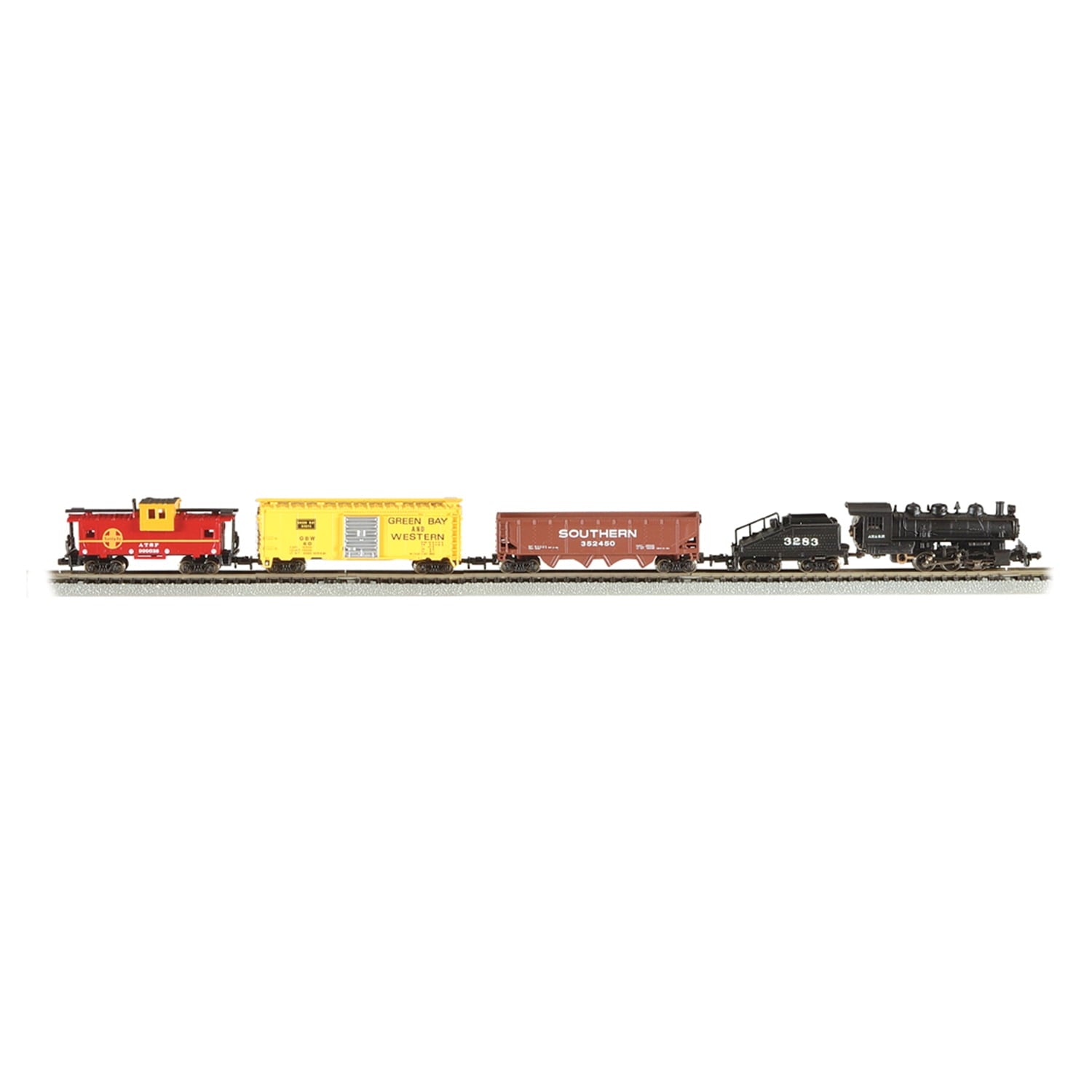 Bachmann Trains Yard Boss N Scale electric train set with locomotive, red caboose, yellow and brown freight cars