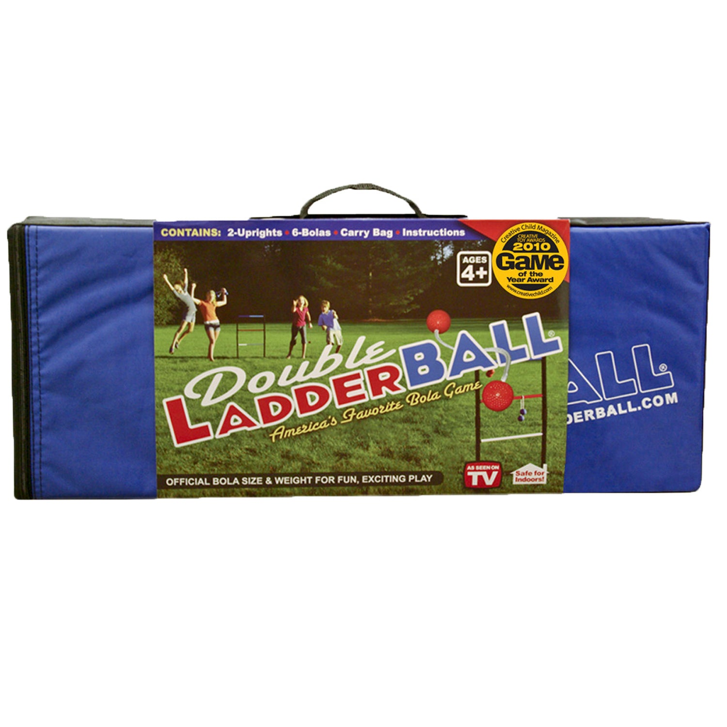 Double Ladder Ball outdoor game set with carry bag, showing children playing in a yard with ladder frames and red bolas
