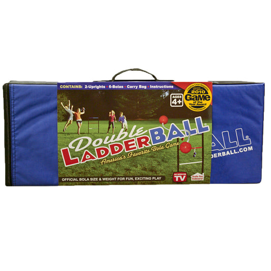 Double Ladder Ball outdoor game set with carry bag, showing children playing in a yard with ladder frames and red bolas