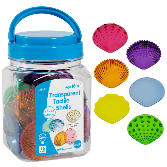 36 colorful tactile shells in blue transparent jar with handle, featuring 6 different textured surfaces in pink, purple, orange, yellow, blue, and green