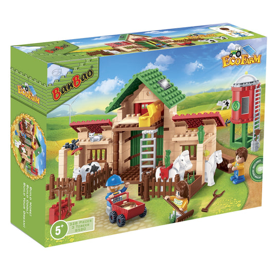 BanBao Eco Farm building set with barn, red silo, fenced pasture, two child figures, two horses, cow, and farmer with tractor; 328 pieces