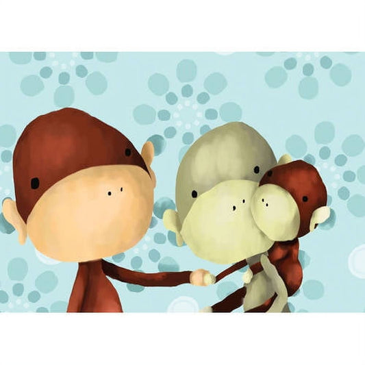 Two illustrated monkeys holding hands against light blue background with bubble pattern, from Oopsy Daisy's Playful Monkeys wall art