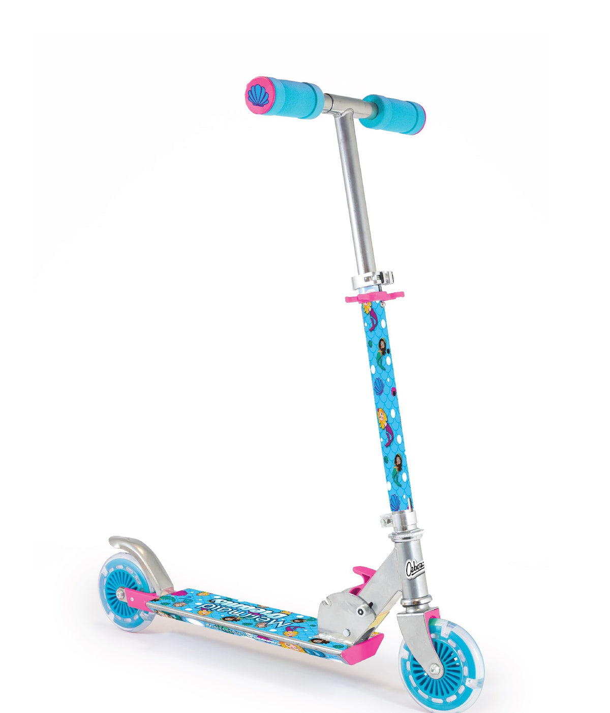 Mermaid-themed foldable scooter with turquoise and pink accents, light-up wheels, and character graphics on the deck