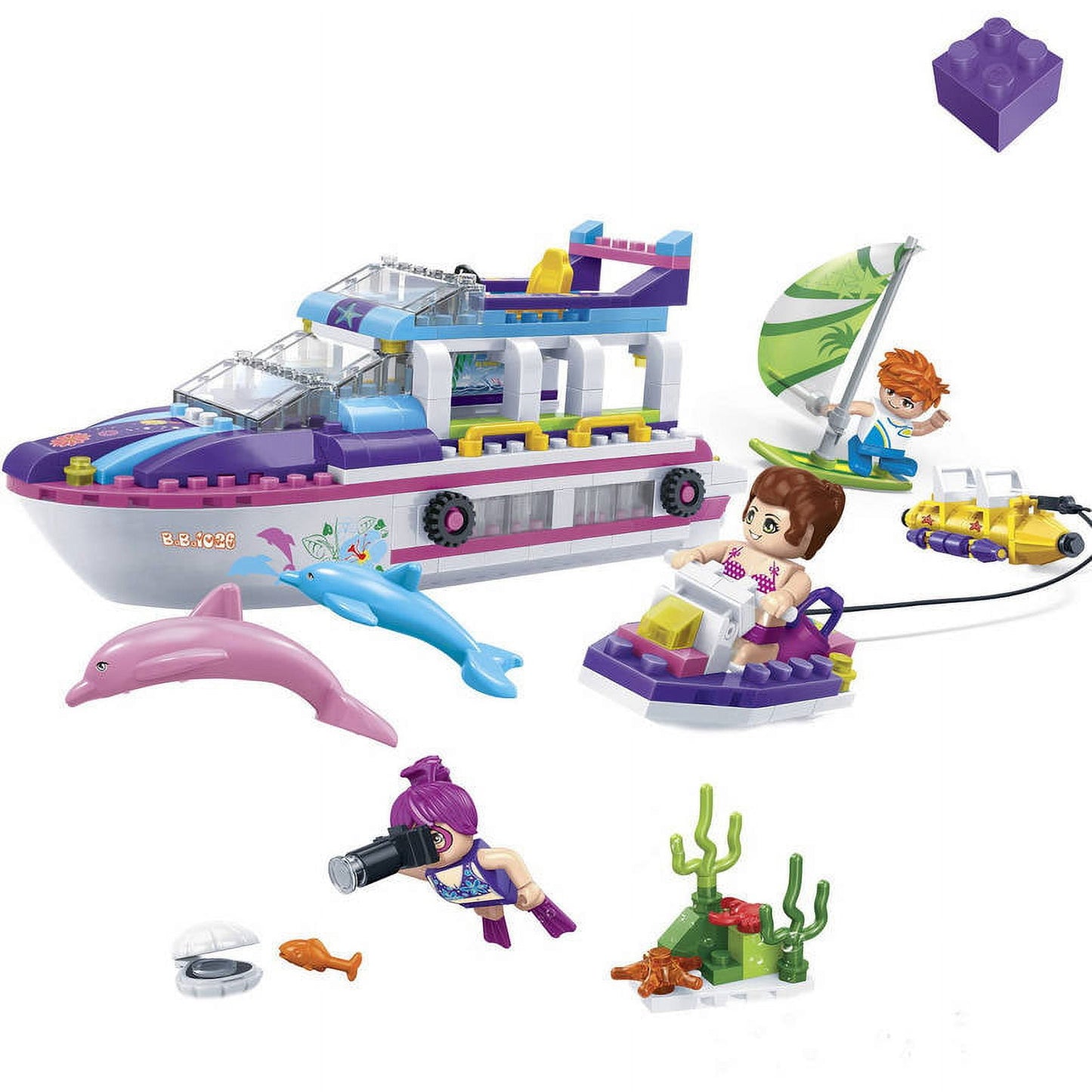 BanBao Beach Bonanza Water Fun Building Set with purple and white boat, two mini figures, dolphins, water scooter, submarine, diving accessories, and coral piec