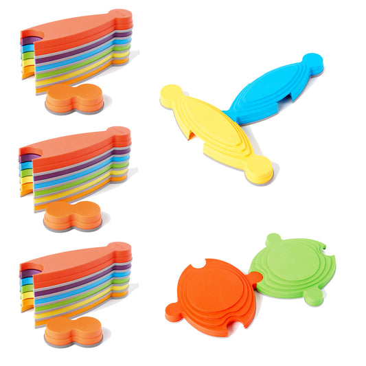Colorful plastic balance stepping stones in animal shapes including dolphin, turtle, and elephant; shown stacked and individually in rainbow colors