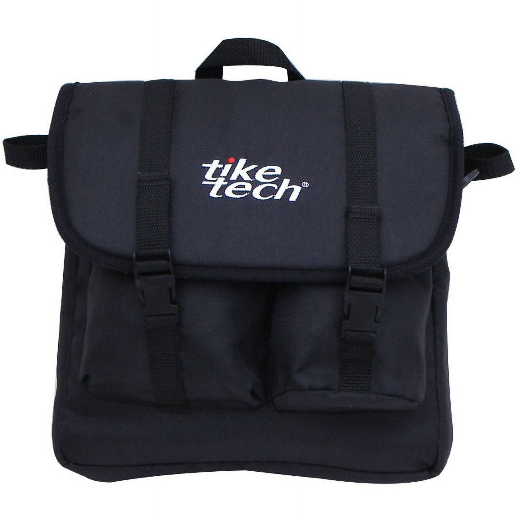 Black Tike Tech stroller bag with embroidered logo, black straps, and front pockets