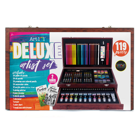 Art 101 Deluxe Deluxe Artist Set with 119 pieces including colored pencils, oil pastels, watercolor cakes, and acrylic paints in wooden case with drawer