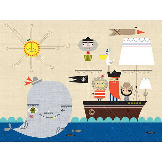 Illustration of a smiling whale in ocean waves below a pirate ship with colorful crew members, flags, and a sun in the sky