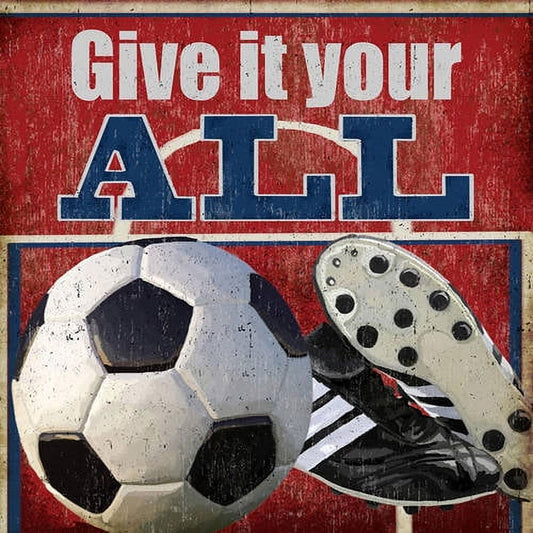 Give it your all - red canvas art with blue letters and soccer ball and cleat graphic