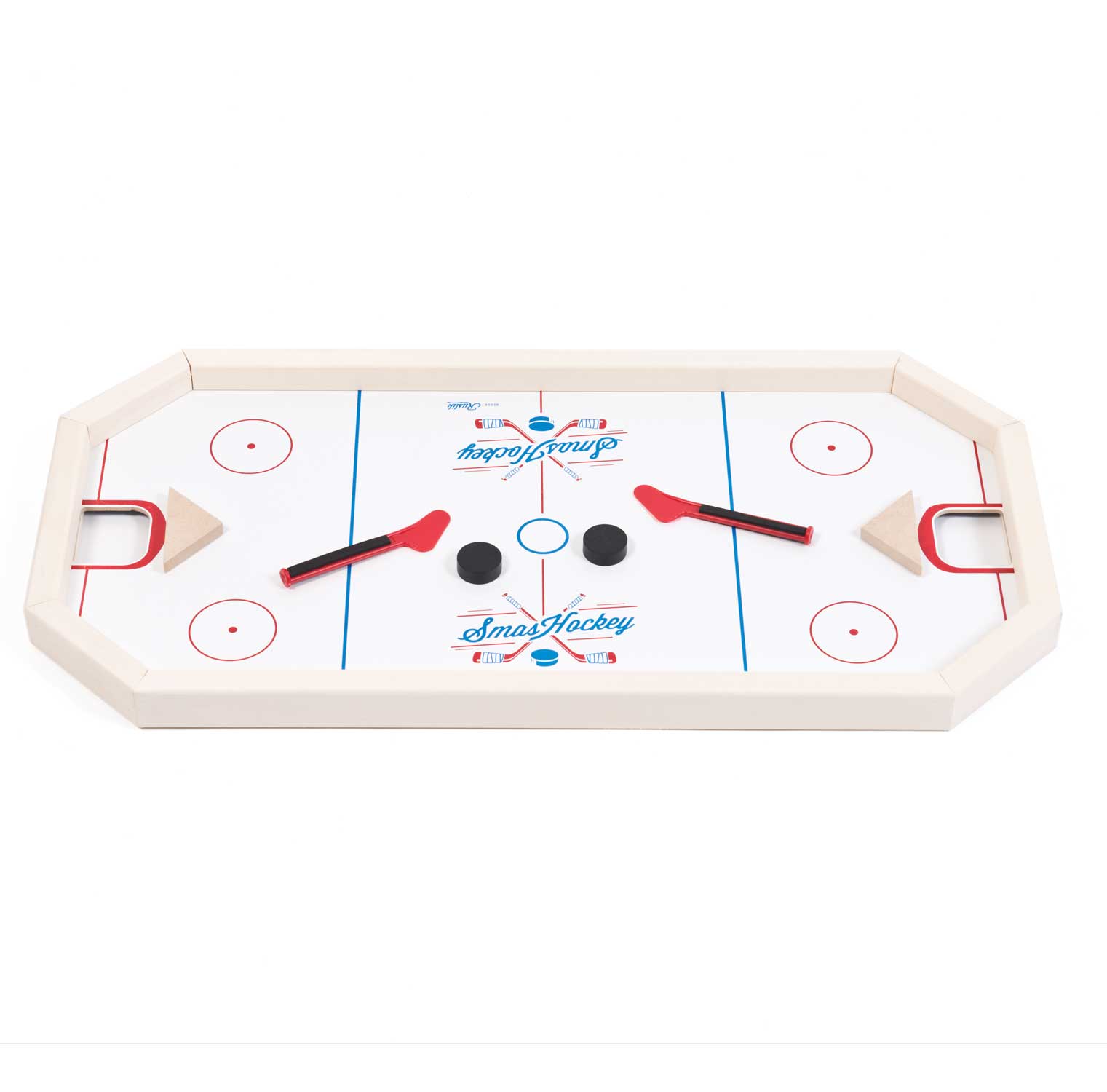 Smashockey tabletop game with white playing surface, red and blue markings, two red mallets with black handles, and three pucks in center