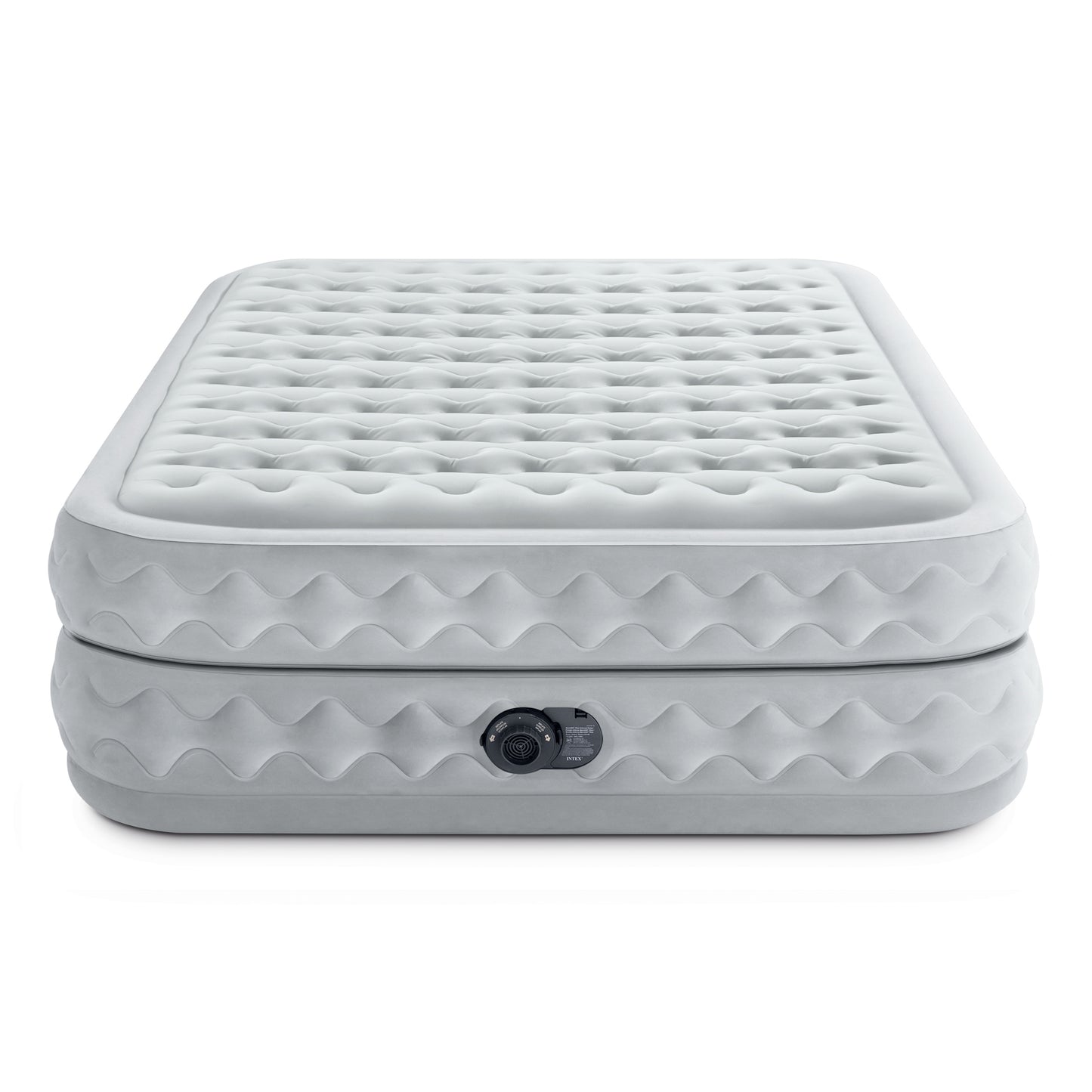 White inflatable air mattress with quilted top surface and built-in electric pump control on side