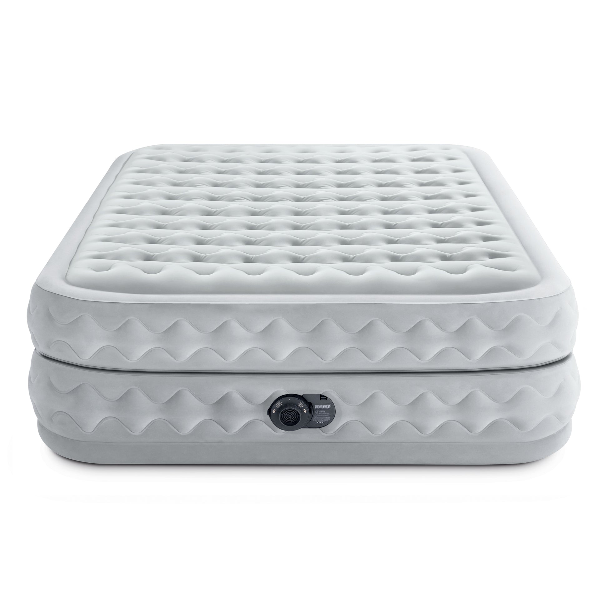 White inflatable air mattress with quilted top surface and built-in electric pump control on side