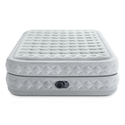 White inflatable air mattress with quilted top surface and built-in electric pump control on side
