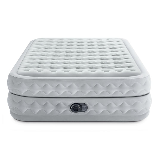 White inflatable air mattress with quilted top surface and built-in electric pump control on side