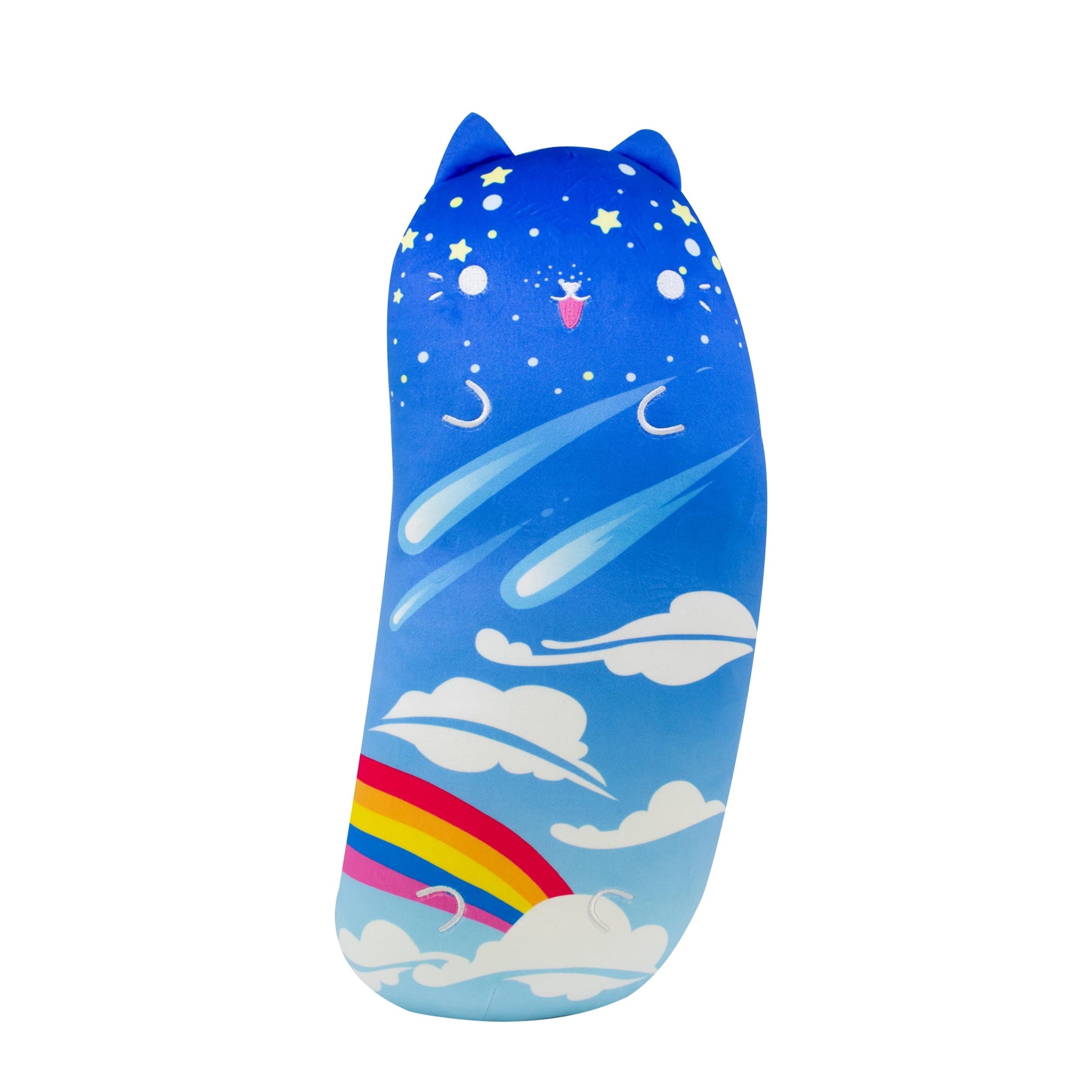 Blue cat-shaped plushie with pointed ears, featuring a night sky design with stars, moons, comets, clouds, and a rainbow