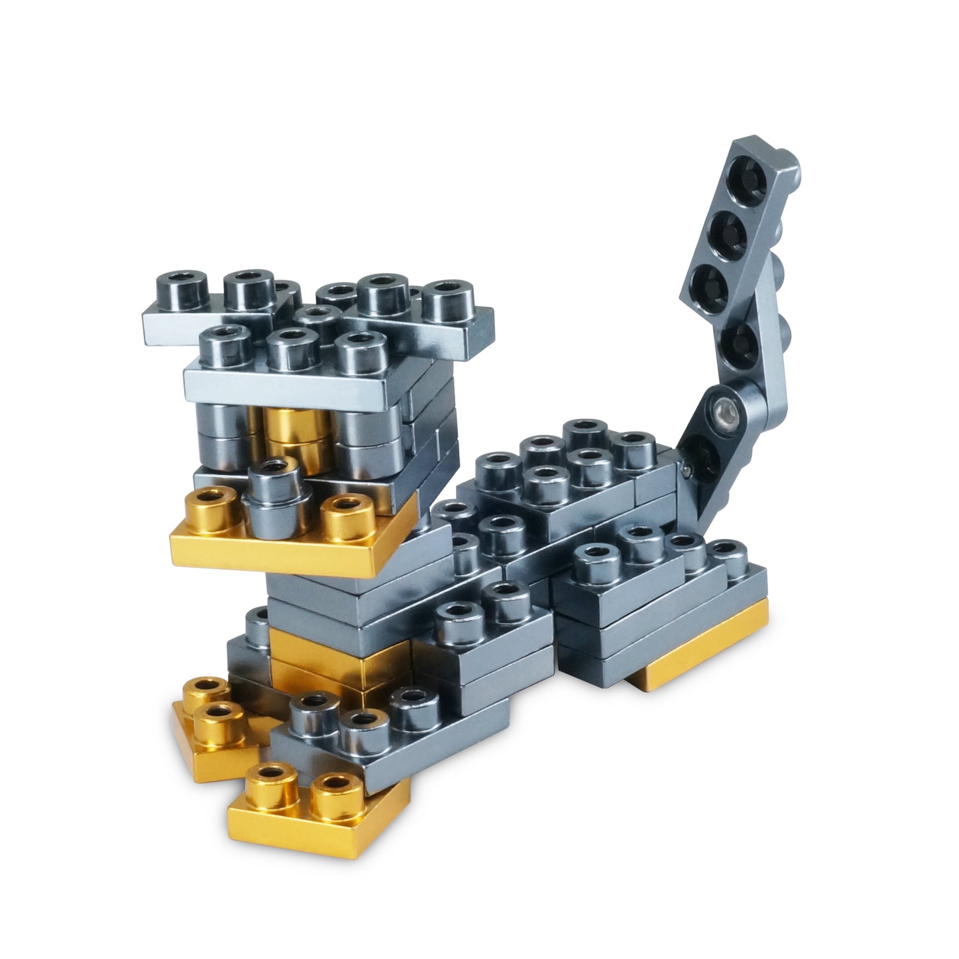 Metomics building blocks assembled into a robotic dog figure with gold and charcoal black interlocking cylindrical pieces