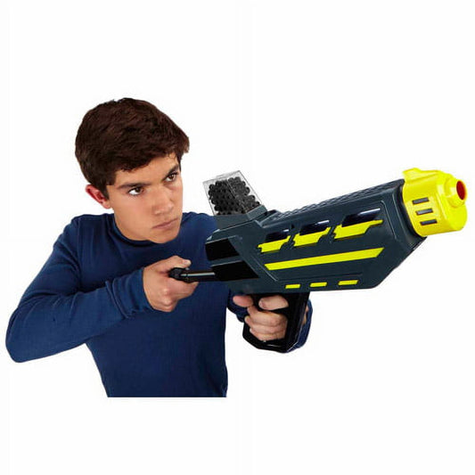 Modeled by a child aiming black and yellow foam dart blaster with yellow barrel and scope attachment