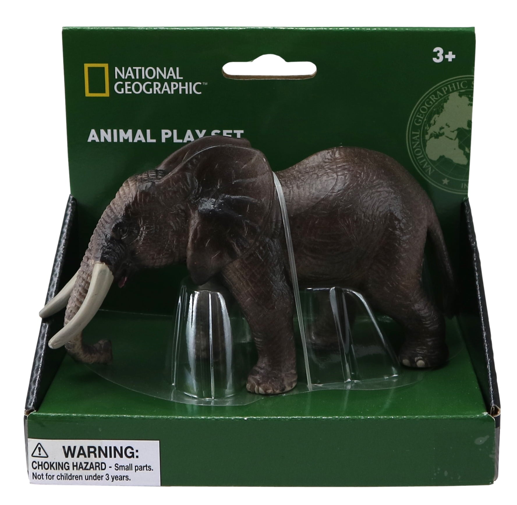 National Geographic African elephant figurine with dark brown textured body, ivory tusks, and cream-colored feet, displayed in clear plastic clamshell packaging