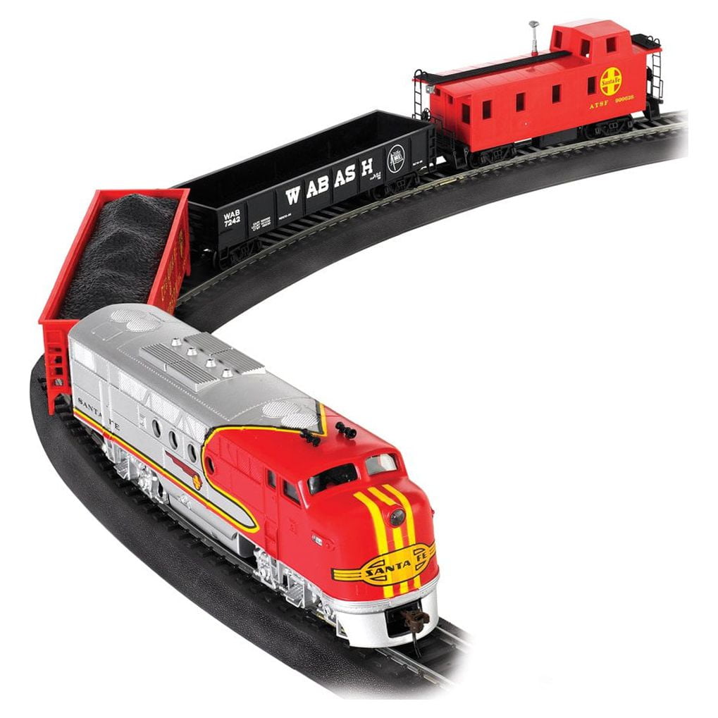 Santa Fe Flyer HO scale electric train set with red and silver locomotive, black freight car with coal load, and red caboose on black track.