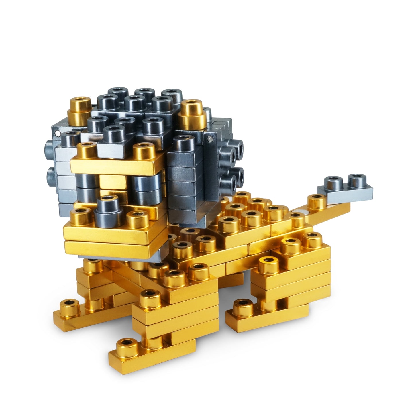 Gold and silver metallic building blocks assembled into a lion figure with cylindrical and rectangular pieces