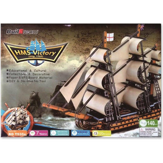HMS Victory ship model building kit box showing assembled paper and EPS board model with white sails and black rigging on wooden hull