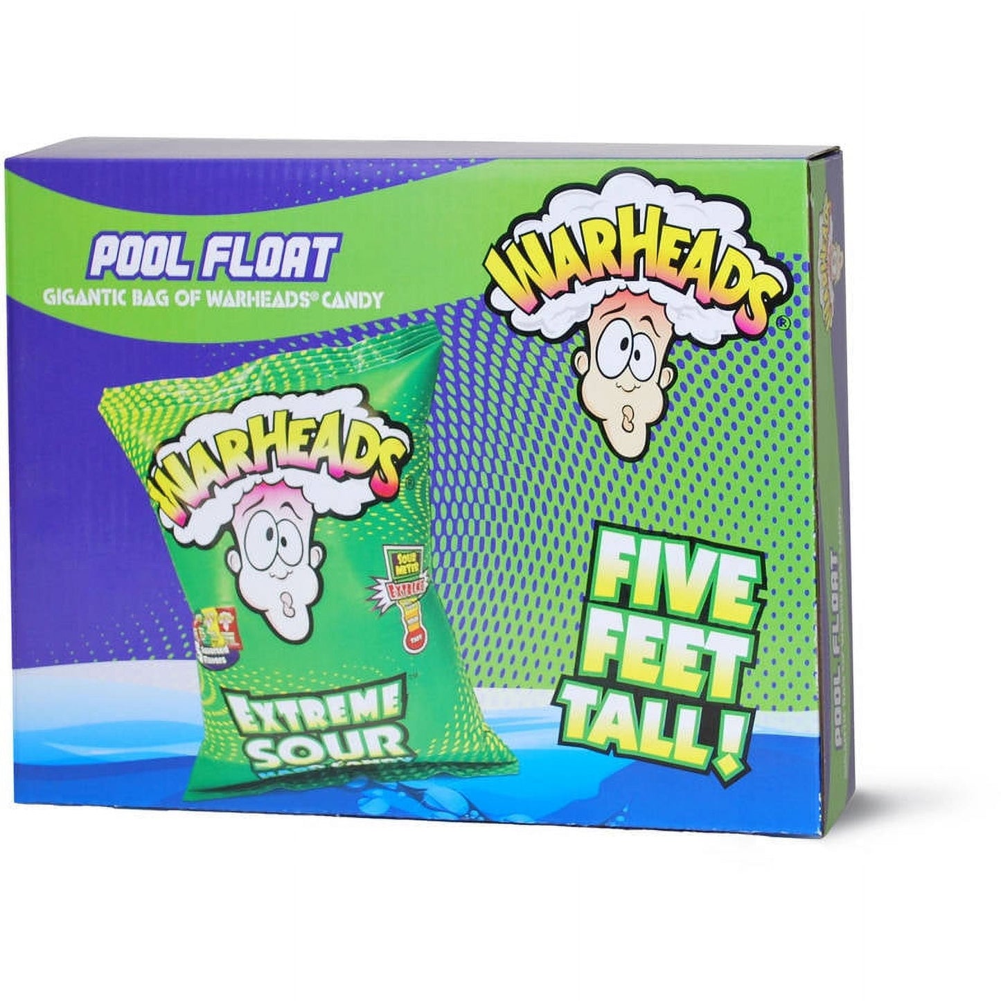 Warheads Pool Float box showing gigantic bag of Extreme Sour Warheads candy, five feet tall messaging, green and blue packaging with cartoon character