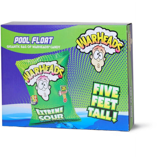 Warheads Pool Float box showing gigantic bag of Extreme Sour Warheads candy, five feet tall messaging, green and blue packaging with cartoon character