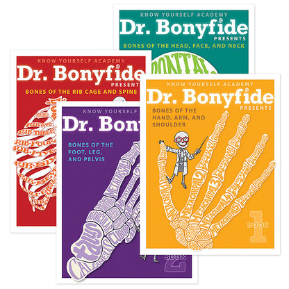 Four Dr. Bonyfide book covers about human skeleton anatomy—red (rib cage and spine), purple (foot, leg, and pelvis), teal (head, face, and neck), and yellow (ha