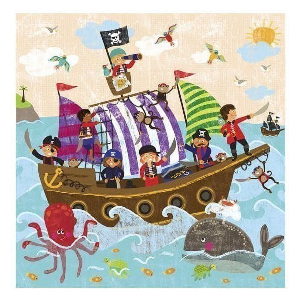 Illustrated pirate ship scene with children dressed as pirates on deck, surrounded by ocean waves, sea creatures, flags, and sky with clouds and sun
