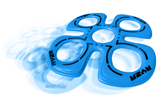 Blue foam throwing toy with curved wing design and circular cutouts, shown on white background with motion blur