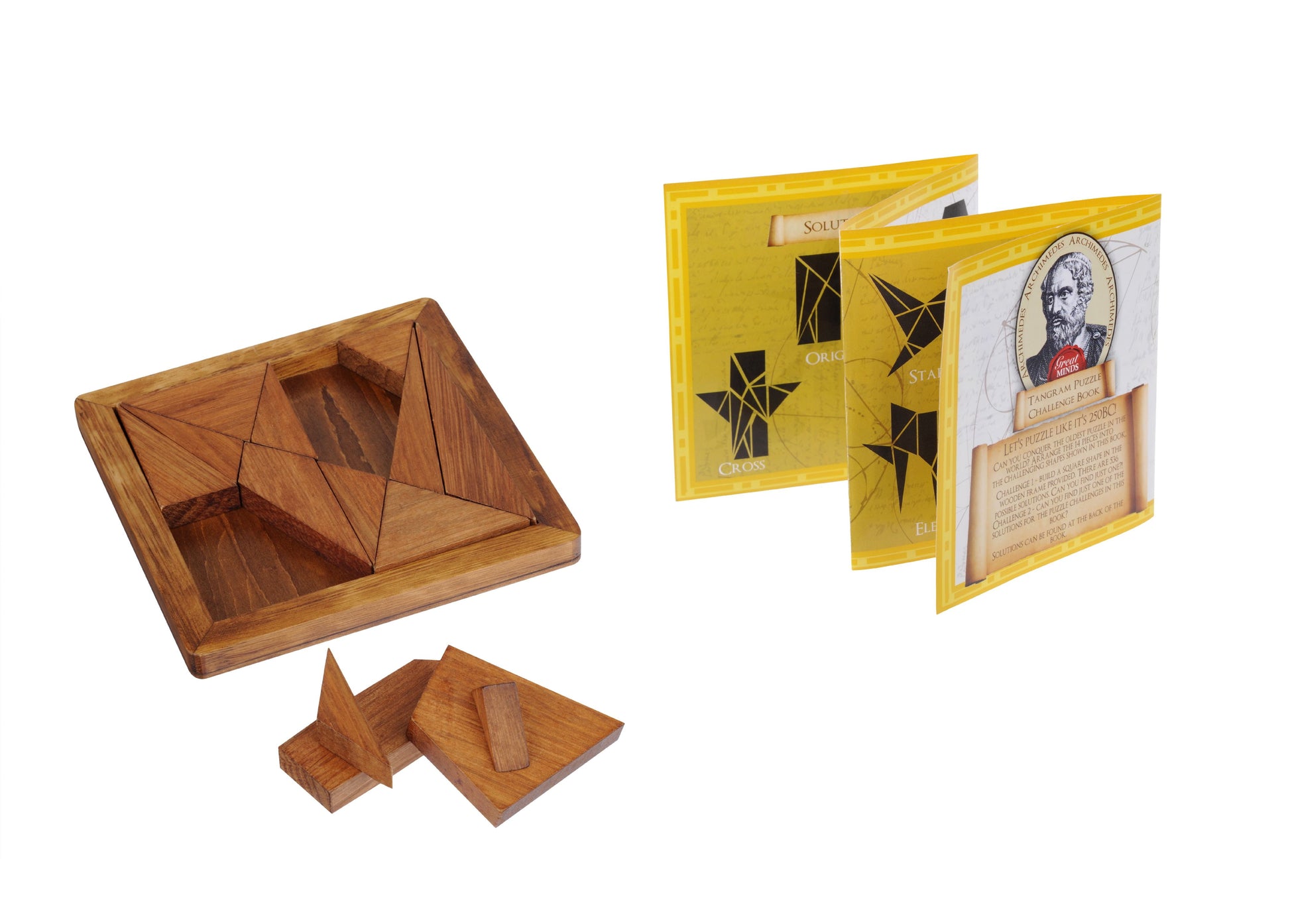 Wooden tangram puzzle with geometric pieces in a square tray, displayed with individual wooden blocks and yellow instruction booklet