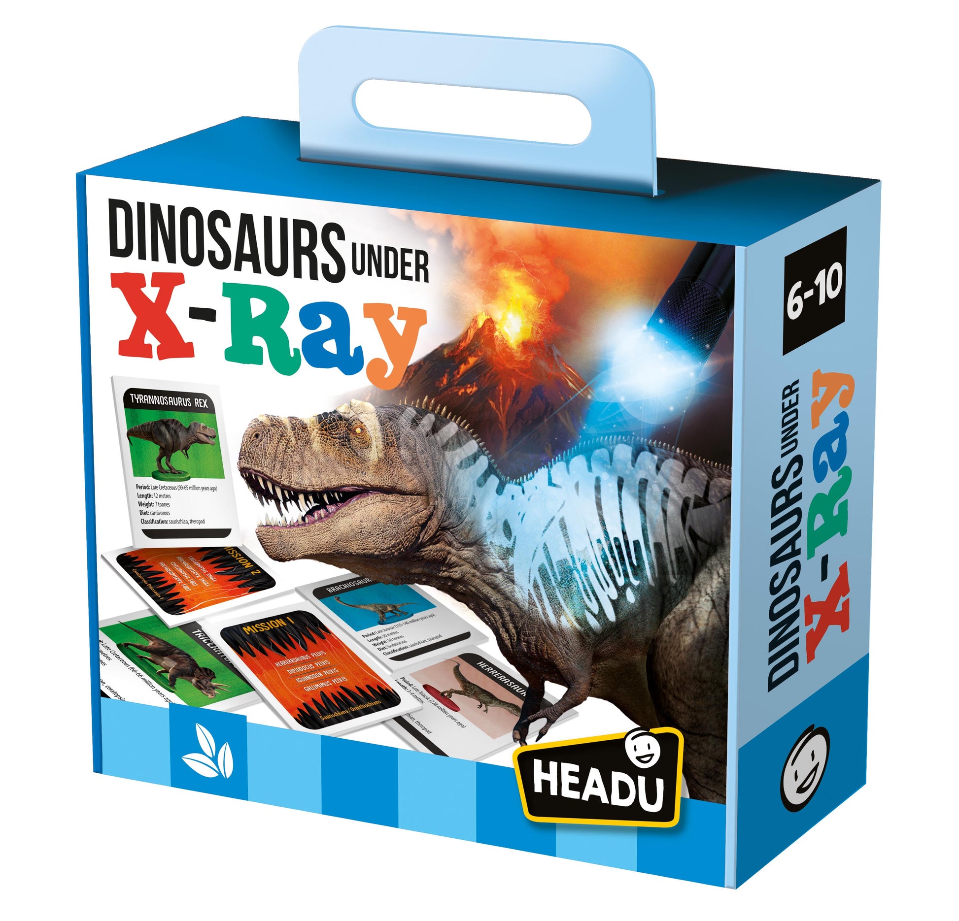 Dinosaurs Under X-Ray educational game box by Headu showing T-Rex dinosaur with X-ray vision effects, learning cards, and game components for ages 6-10