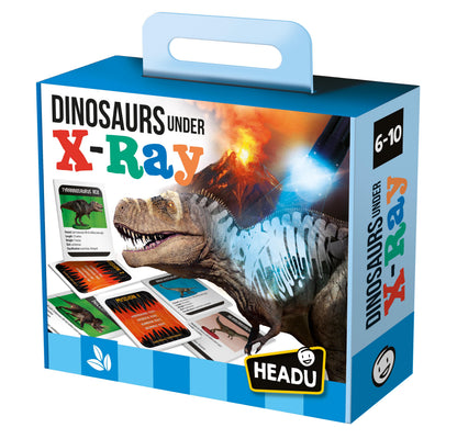 Dinosaurs Under X-Ray educational game box by Headu showing T-Rex dinosaur with X-ray vision effects, learning cards, and game components for ages 6-10