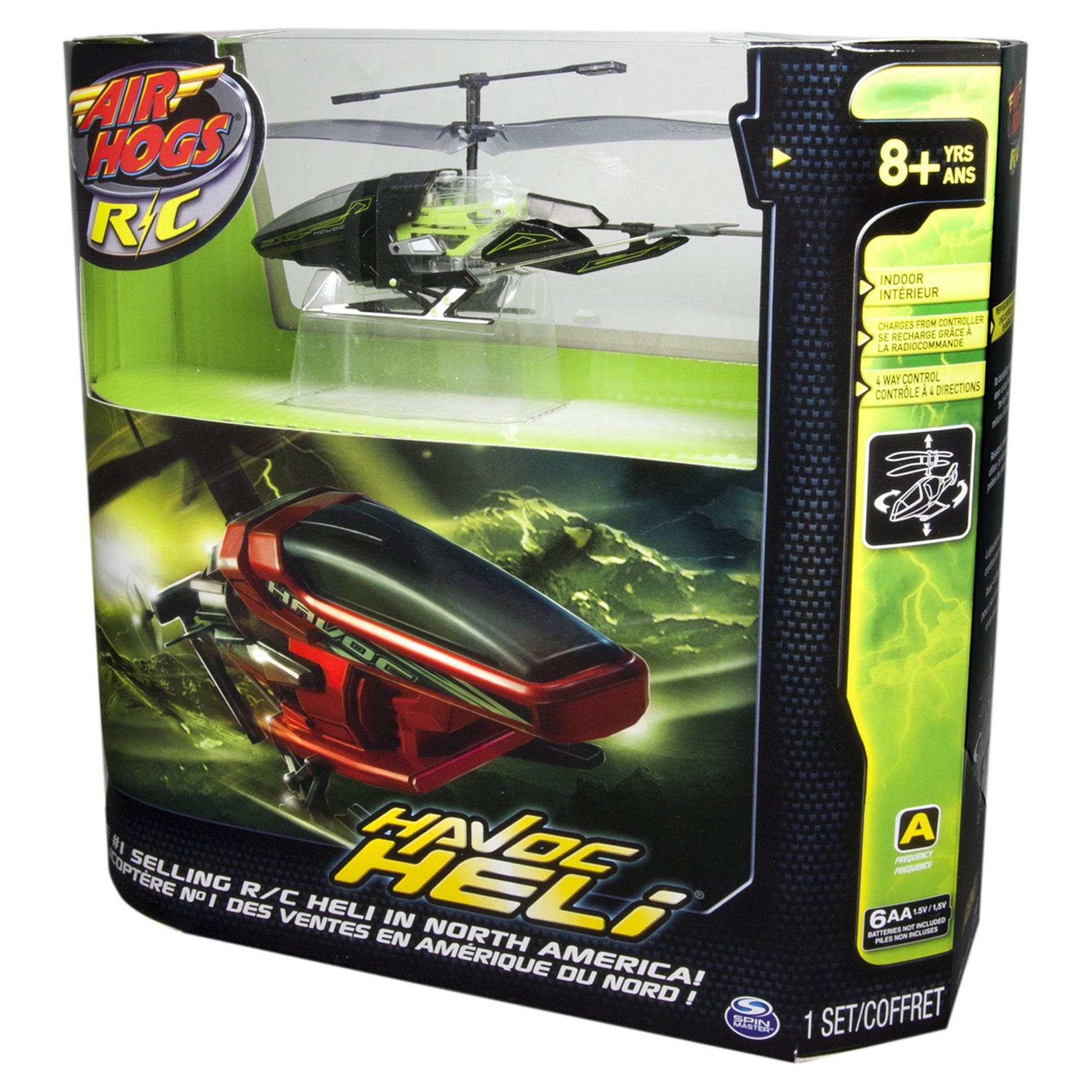 Air Hogs RC Havoc Heli remote control helicopter in green and black with red grounded heli, shown in packaging with controller