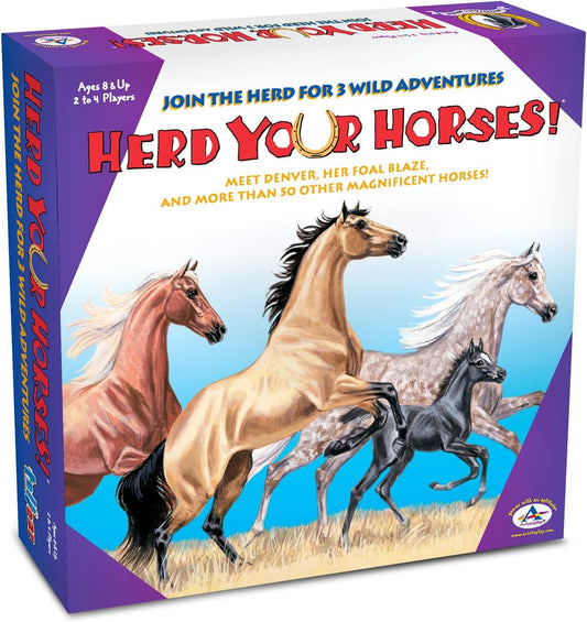 Herd Your Horses board game box featuring four illustrated horses in different colors against a blue sky and sandy ground, purple packaging with age rating 8 &