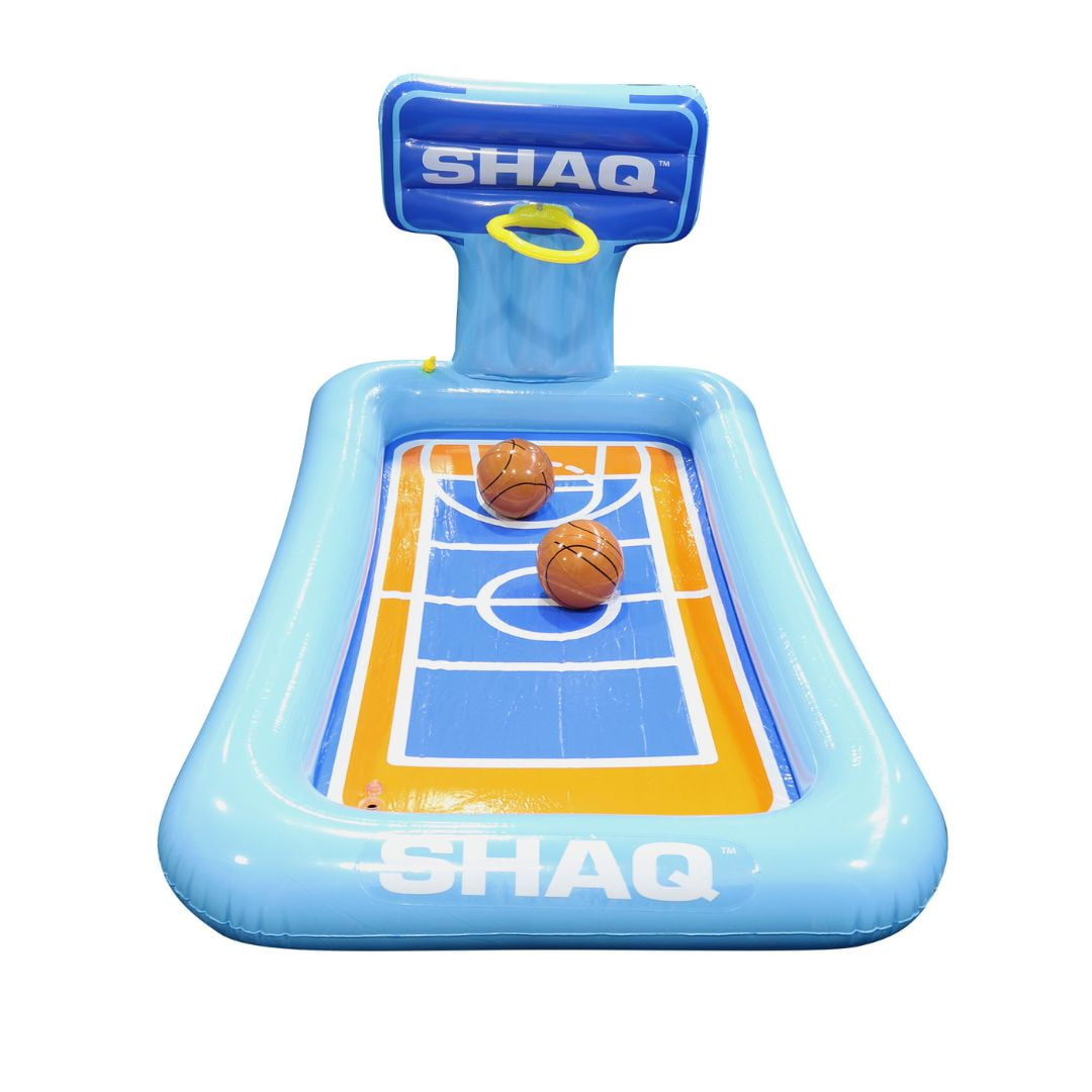 SHAQ blue inflatable basketball sprinkler mat with yellow hoop, featuring court design and two basketballs