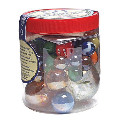 Clear plastic jar with red lid containing 50 colorful marbles in various solid and swirled patterns, with red dice and game pieces visible inside