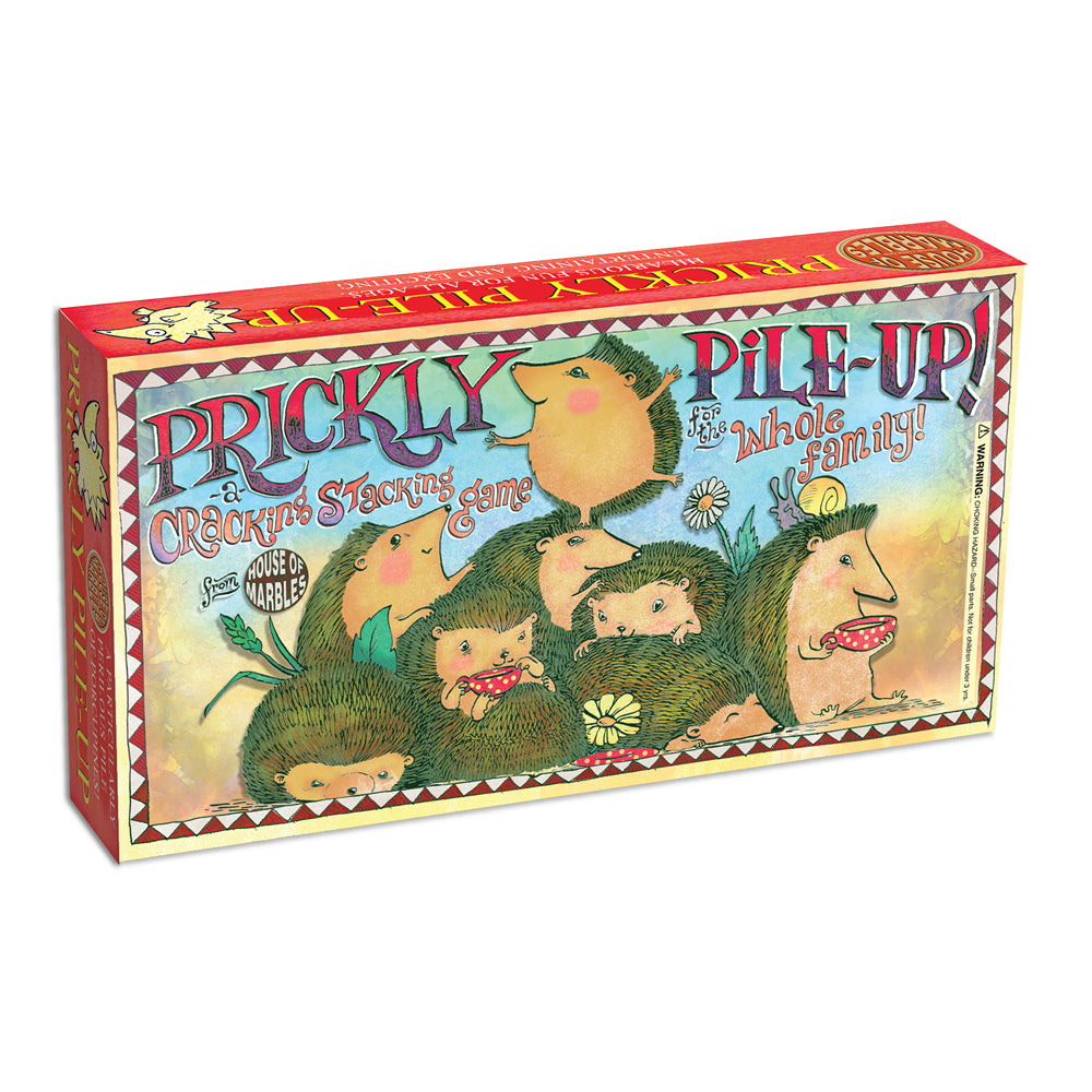 Prickly Pile-Up board game box featuring illustrated porcupines stacking on each other, a crackling stacking game from House of Marbles