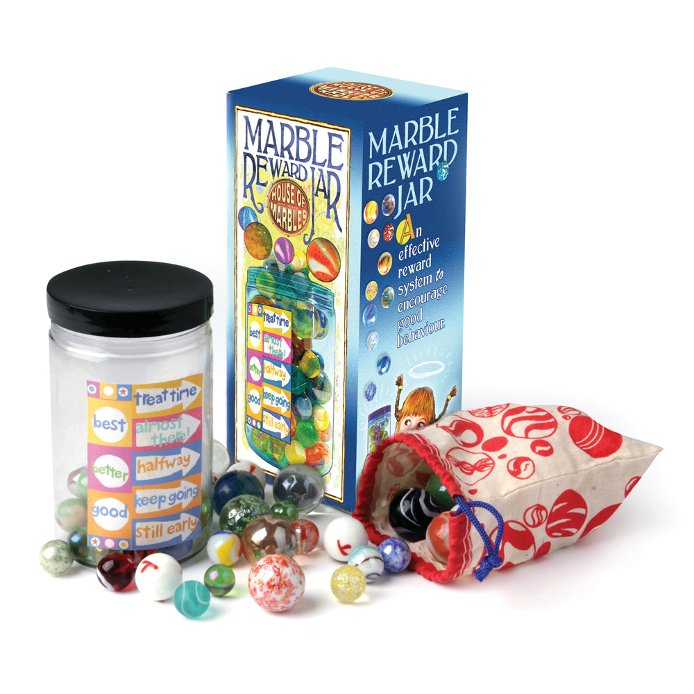 Marble Reward Jar set with blue box, clear container with colorful marbles, red fabric pouch, and assorted glass marbles in various colors and patterns