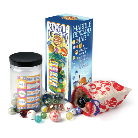Marble Reward Jar set with blue box, clear container with colorful marbles, red fabric pouch, and assorted glass marbles in various colors and patterns