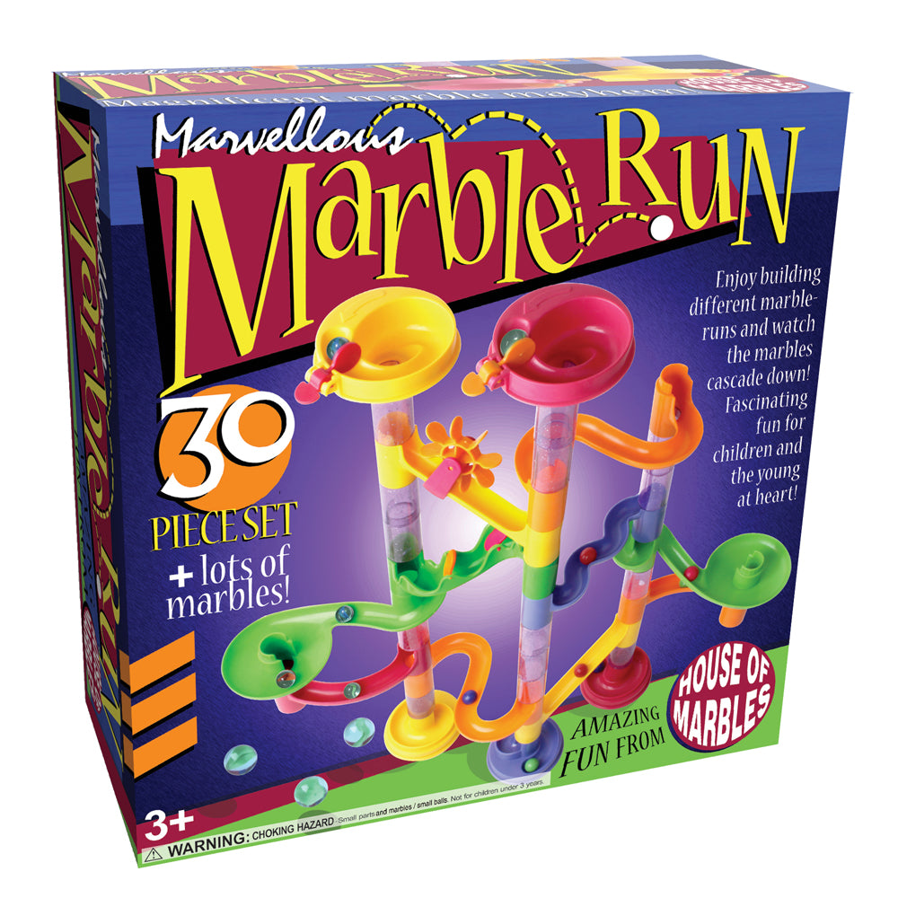 Marvellous Marble Run 39-piece set with colorful tubes, tracks, and funnels in yellow, pink, orange, green, and blue on packaging box