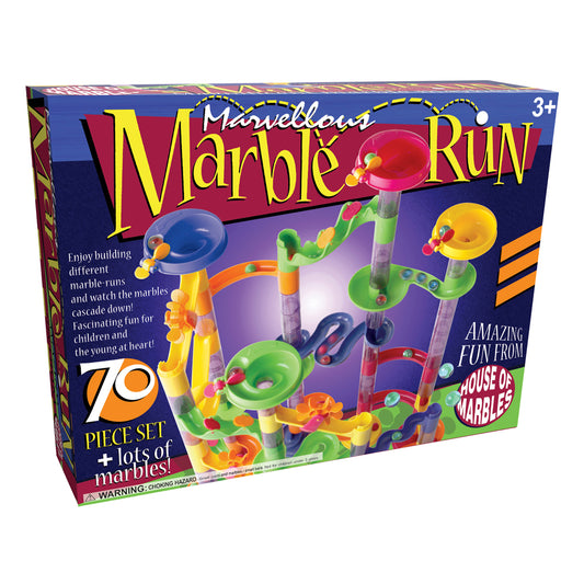 Marvelous Marble Run 70-piece set box showing colorful plastic track pieces, towers, and marbles in bright green, blue, orange, and yellow