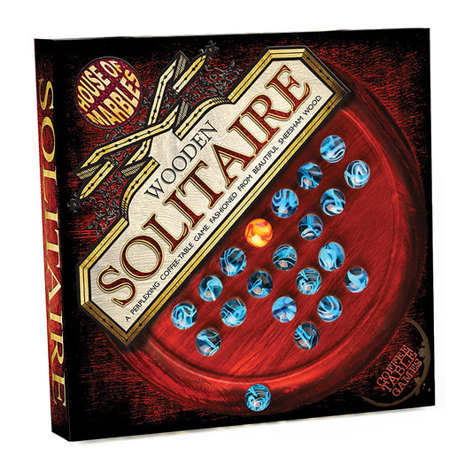 Wooden Solitaire board game with red circular playing surface, blue and gold marbles, and labeled box packaging
