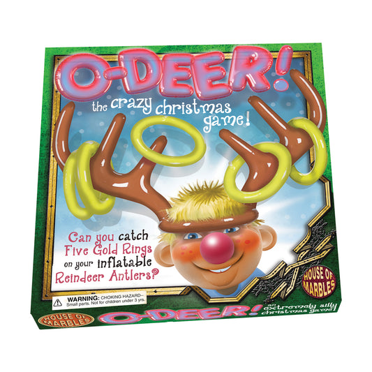 O-Deer! board game box featuring inflatable reindeer antlers with yellow rings and a cheerful reindeer character with red nose