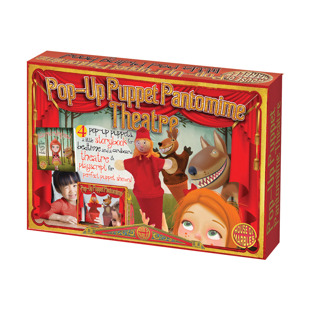 Pop-Up Puppet Pantomime Theatre set with 4 pop-up puppets, storybook, cardboard theatre and playscript, modeled by a child in red shirt